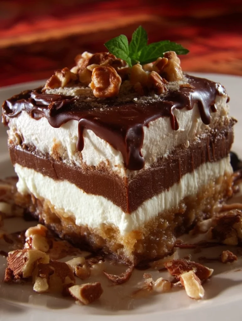 Decadent chocolate dessert topped with berries and whipped cream.