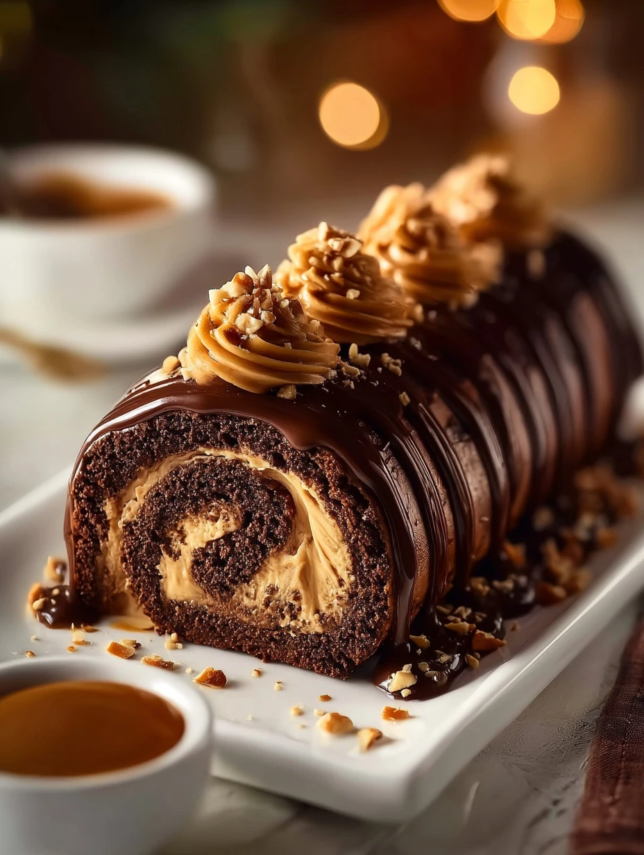Delicious Chocolate Peanut Butter Roll dessert topped with rich chocolate drizzle