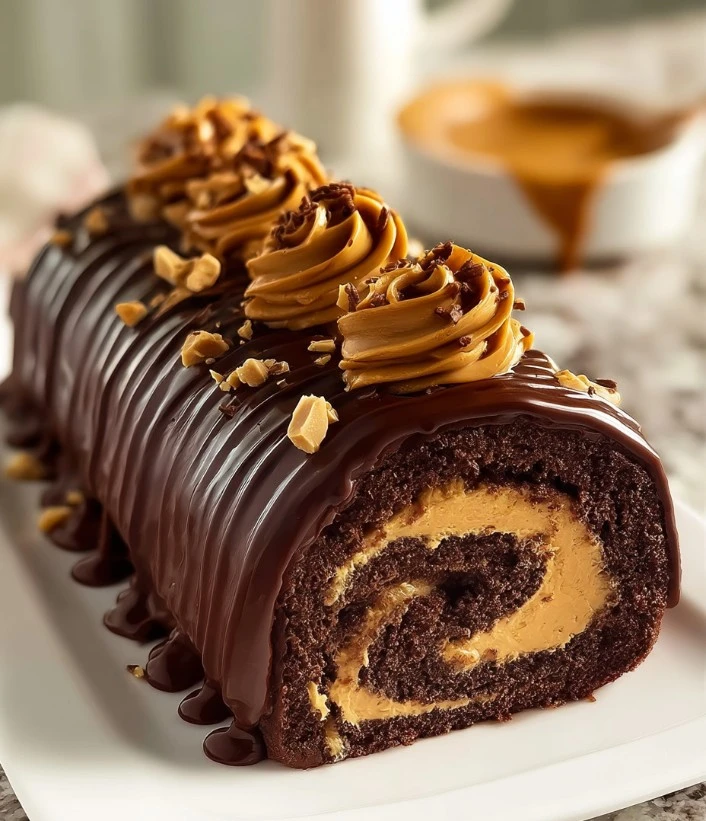 Chocolate Peanut Butter Roll dessert with rich chocolate and creamy peanut butter layers.