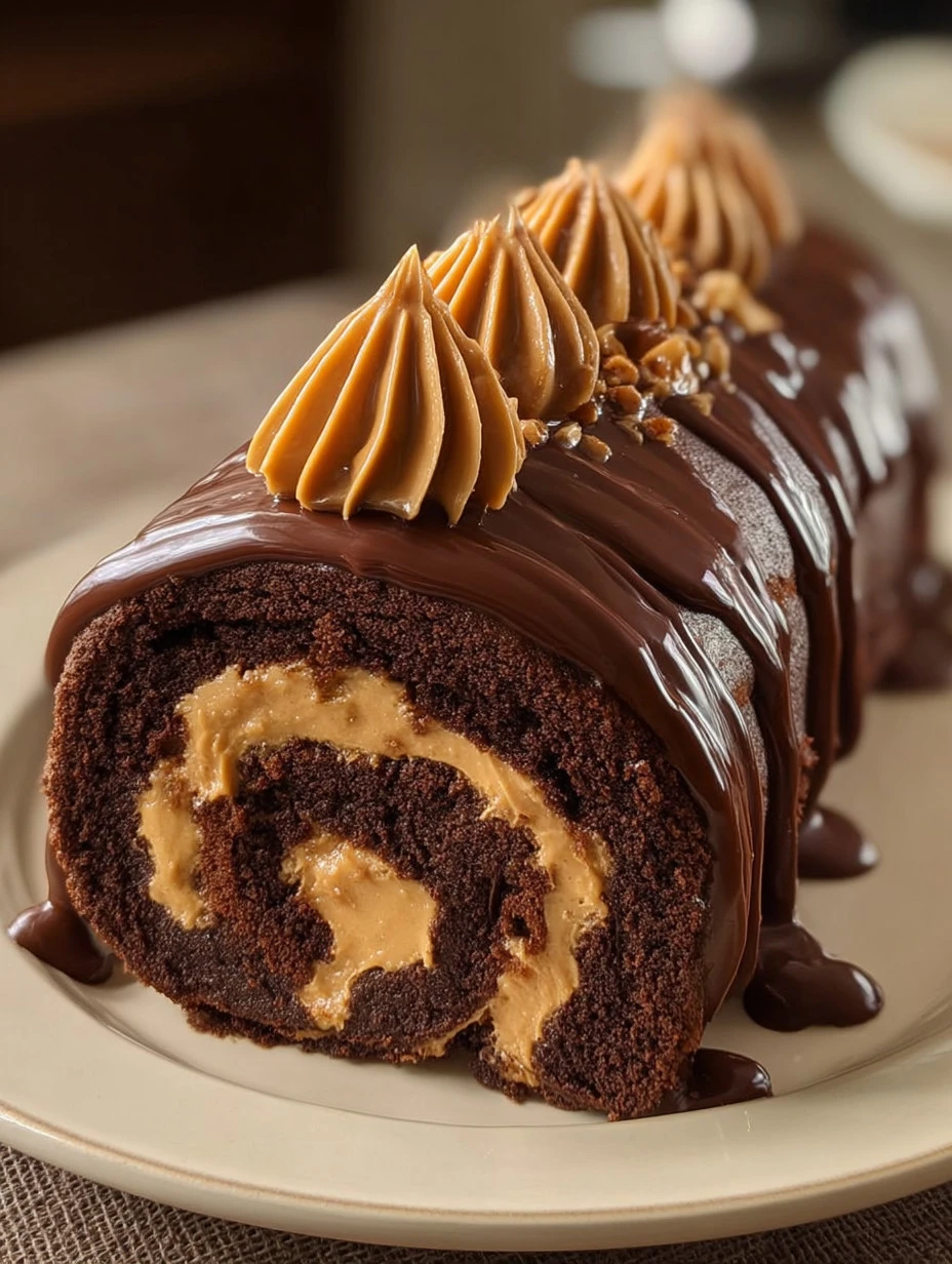 Delicious Chocolate Peanut Butter Roll Cake with a creamy filling and rich chocolate frosting