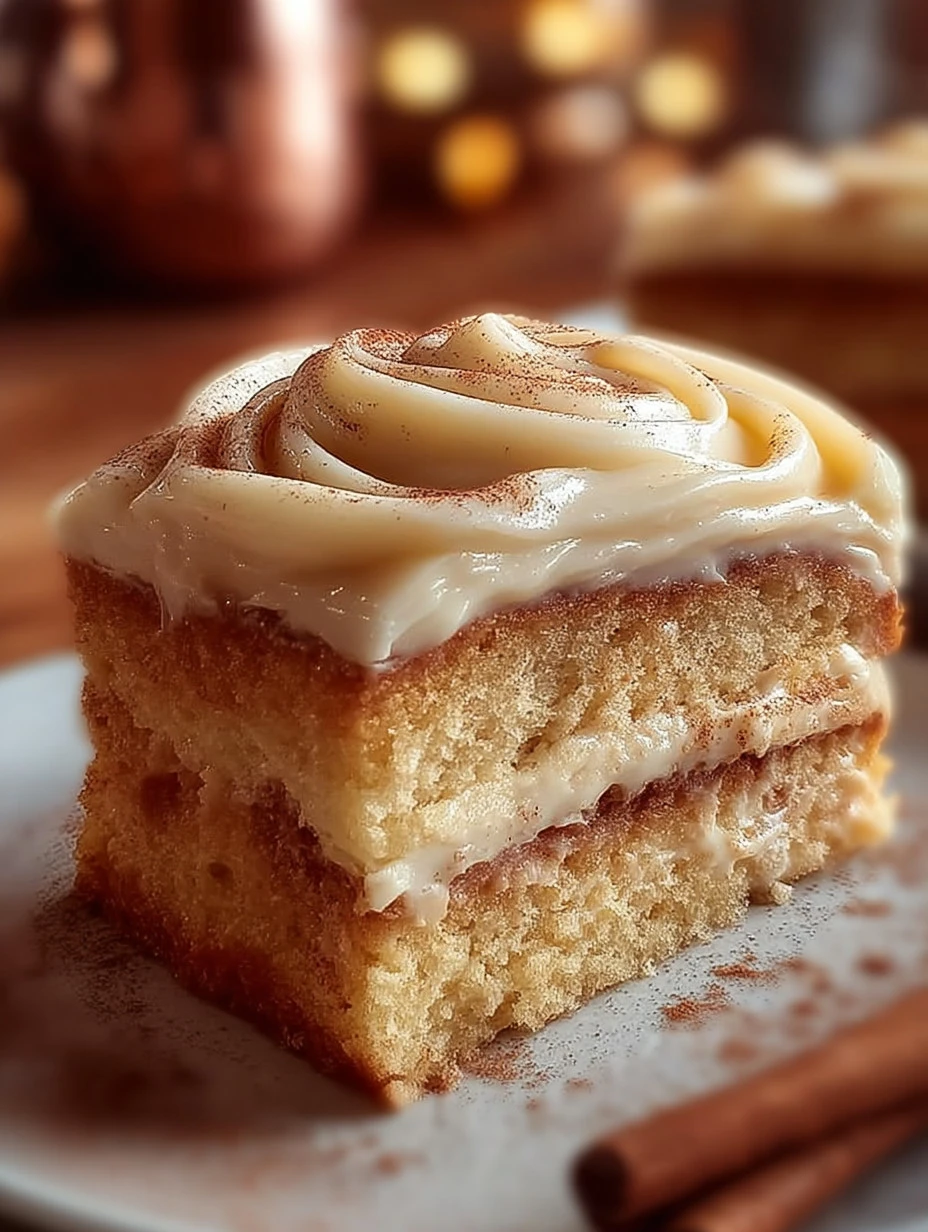 Delicious Cinnabon cinnamon roll cake topped with icing and cinnamon