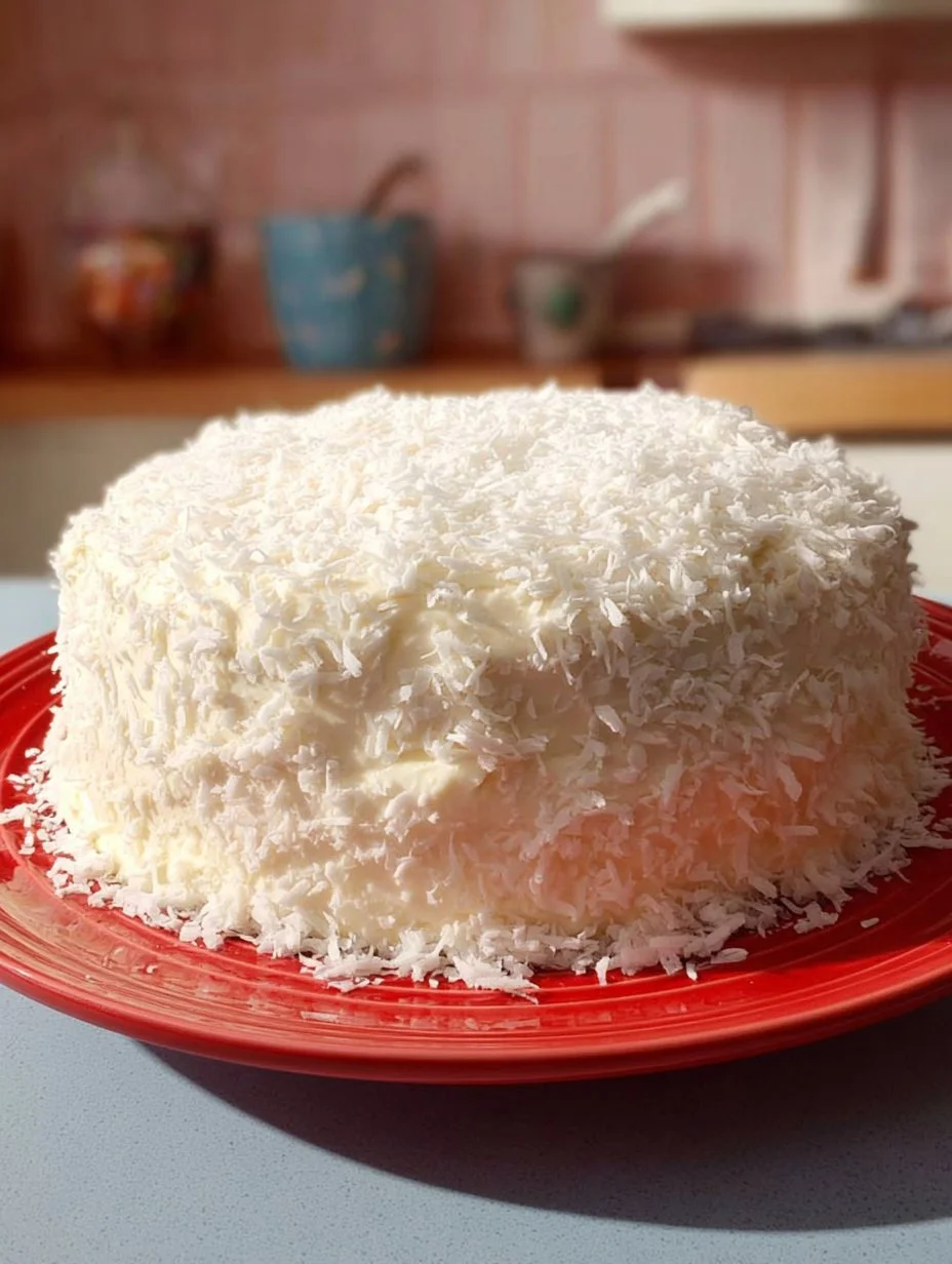 Delicious homemade Coconut Cream Cake topped with creamy coconut frosting