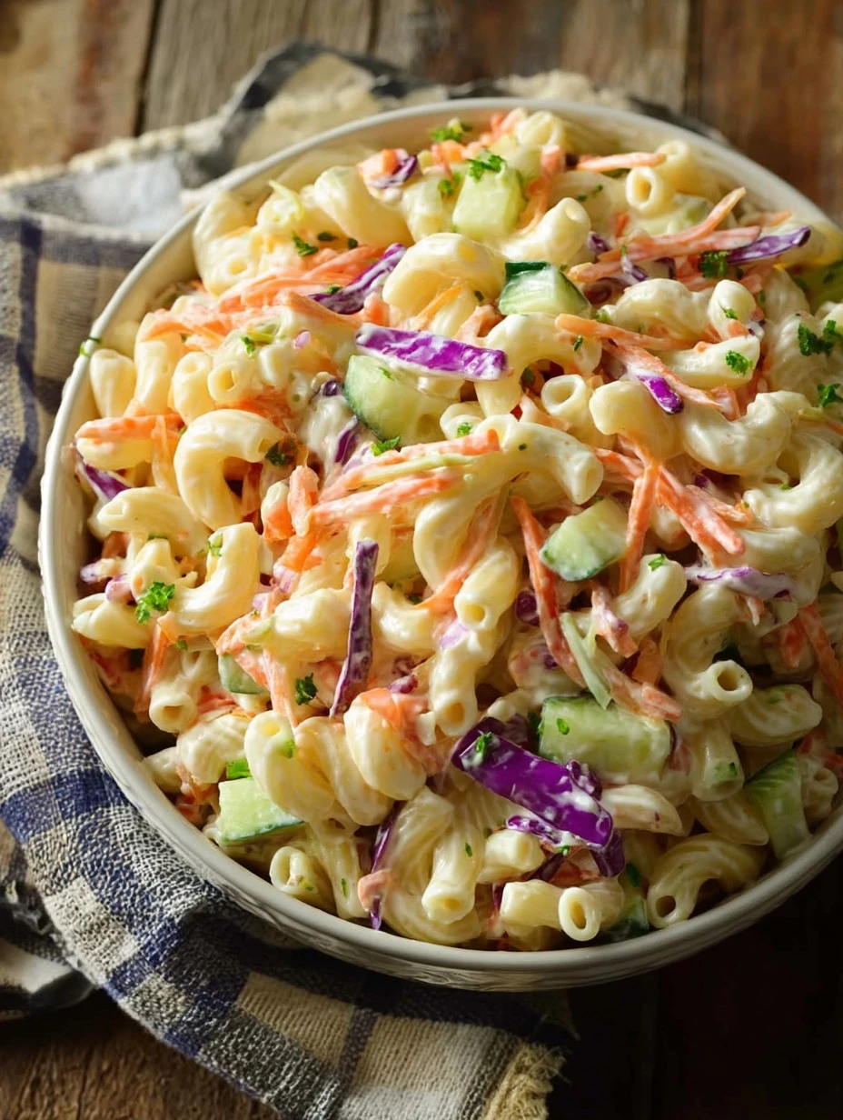 Bowl of colorful coleslaw pasta salad with vegetables and creamy dressing