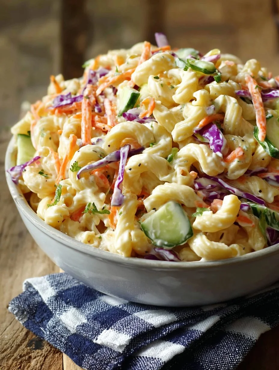 Delicious coleslaw pasta salad with fresh vegetables and creamy dressing