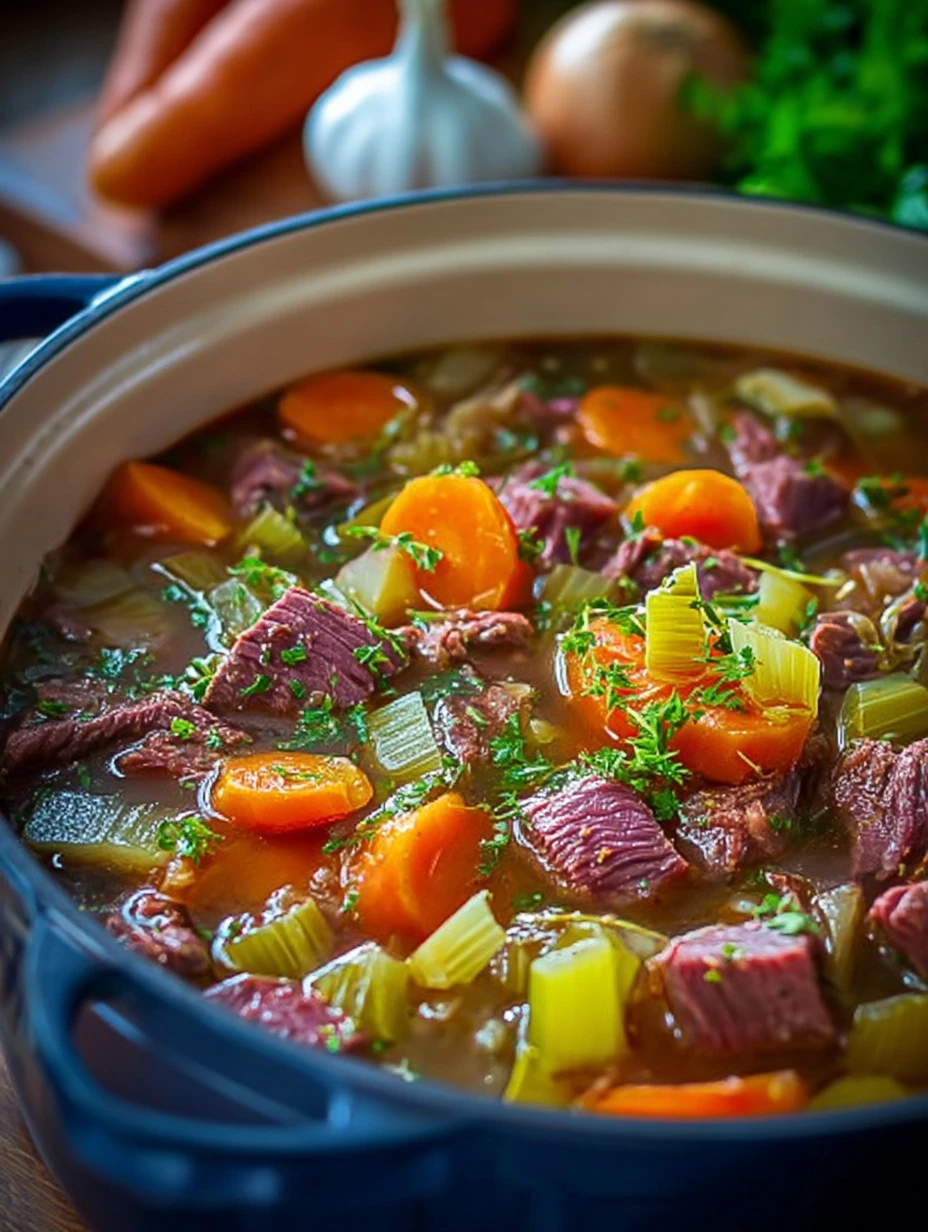 Delicious bowl of corned beef and cabbage soup garnished with herbs