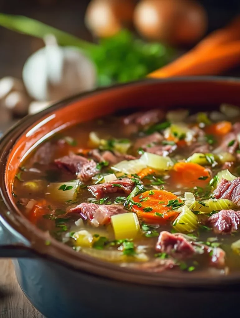 Bowl of corned beef and cabbage soup garnished with herbs.