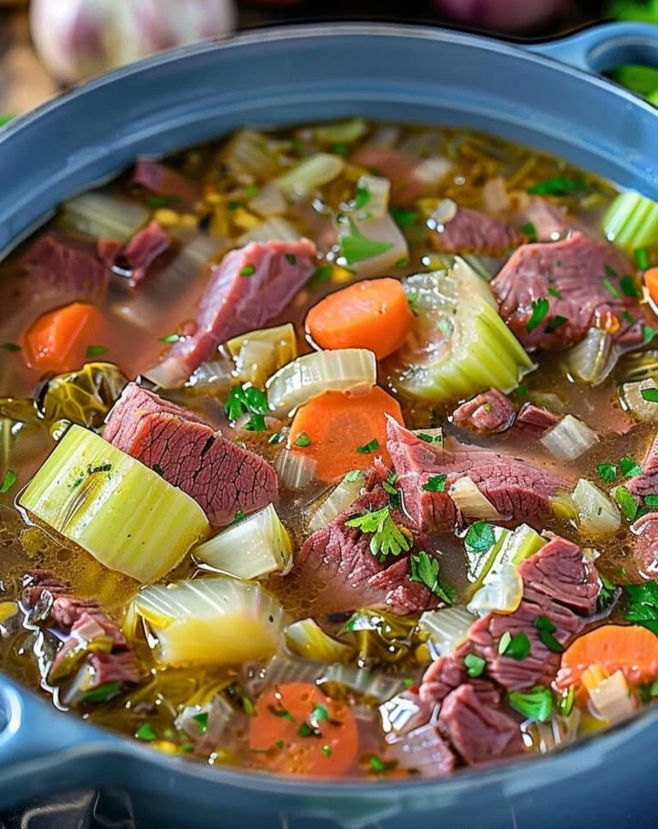 Delicious bowl of corned beef and cabbage soup topped with fresh herbs
