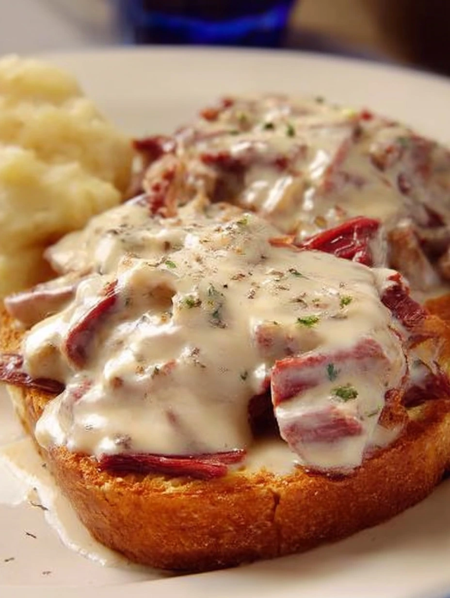 Delicious creamed chipped beef served on toasted bread, a comforting dish.