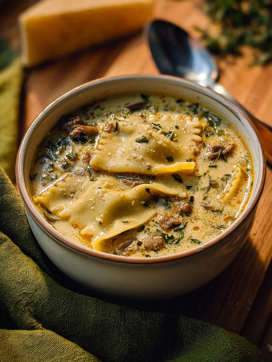 Bowl of creamy Alfredo Lasagna Soup garnished with herbs.