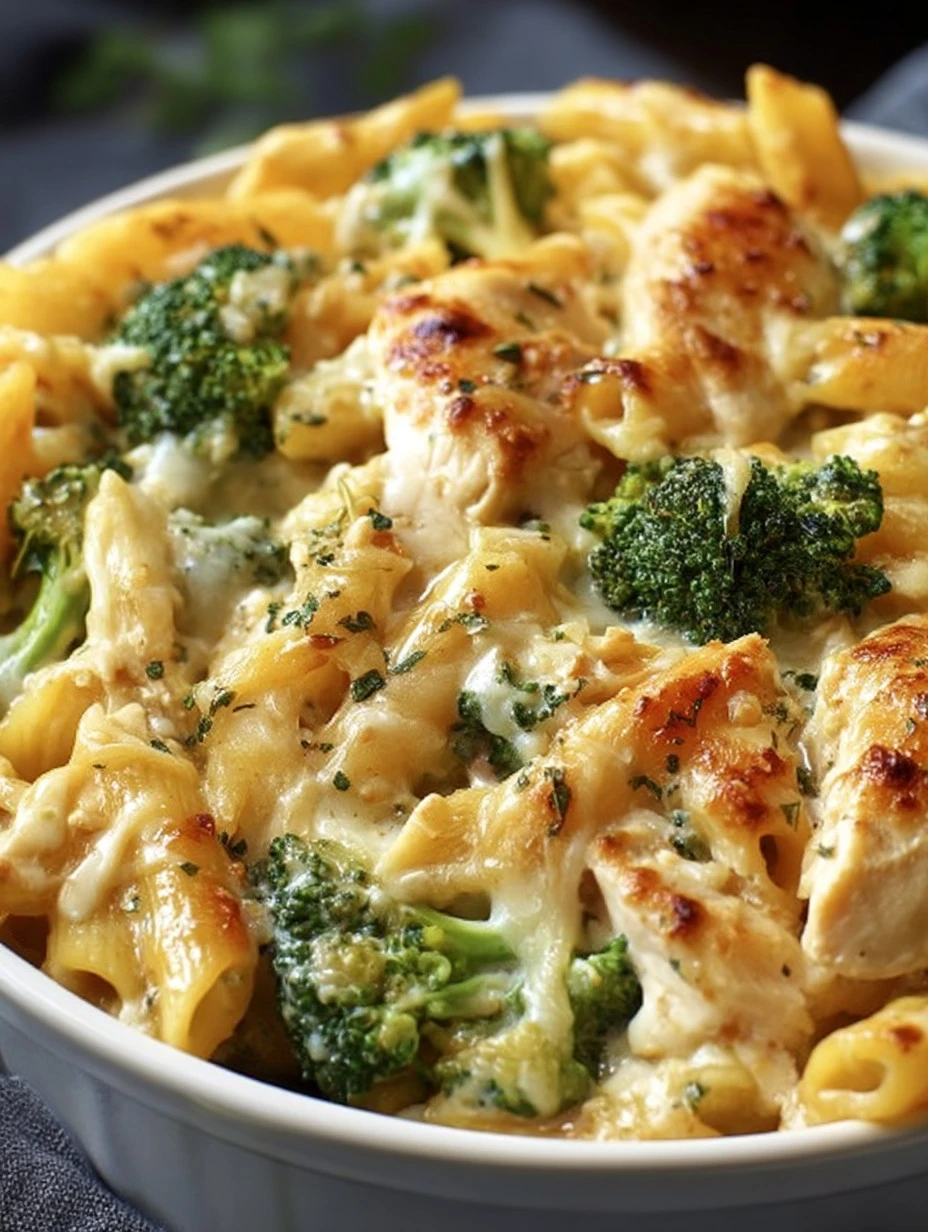 Creamy chicken and broccoli pasta served in a bowl with garlic bread