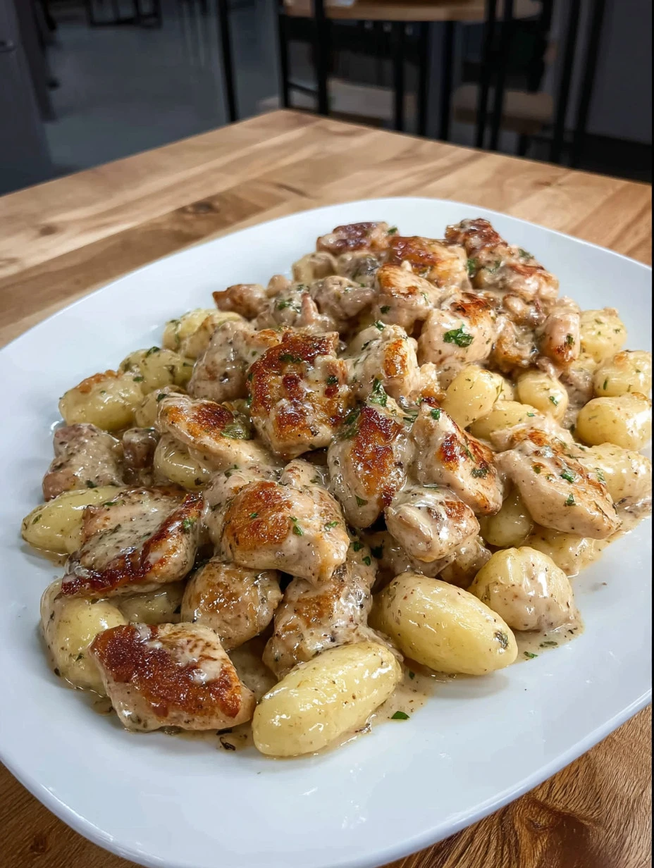 Creamy chicken and gnocchi dish garnished with herbs and served in a bowl.