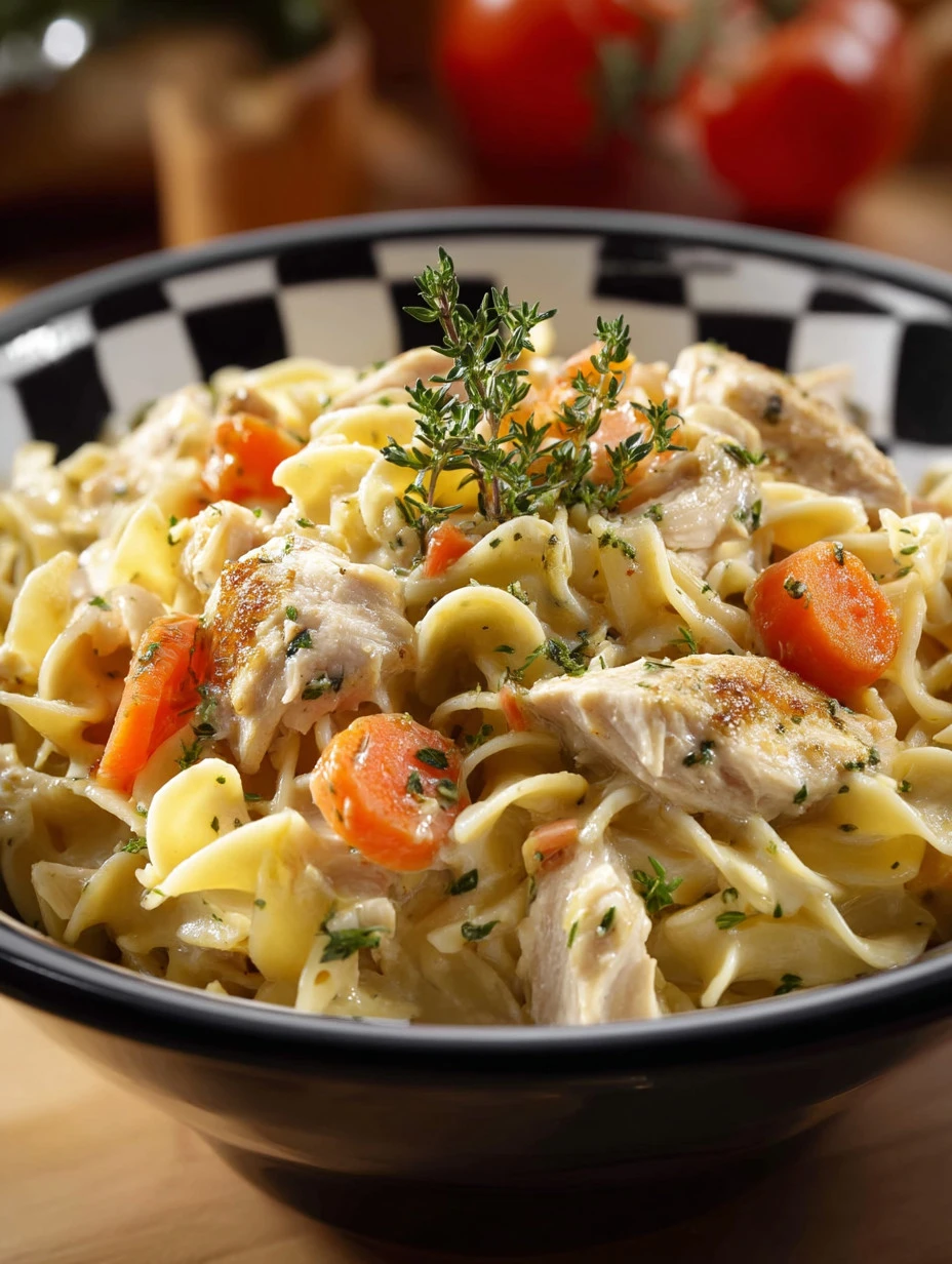 Creamy chicken and noodles dish plated and ready to serve