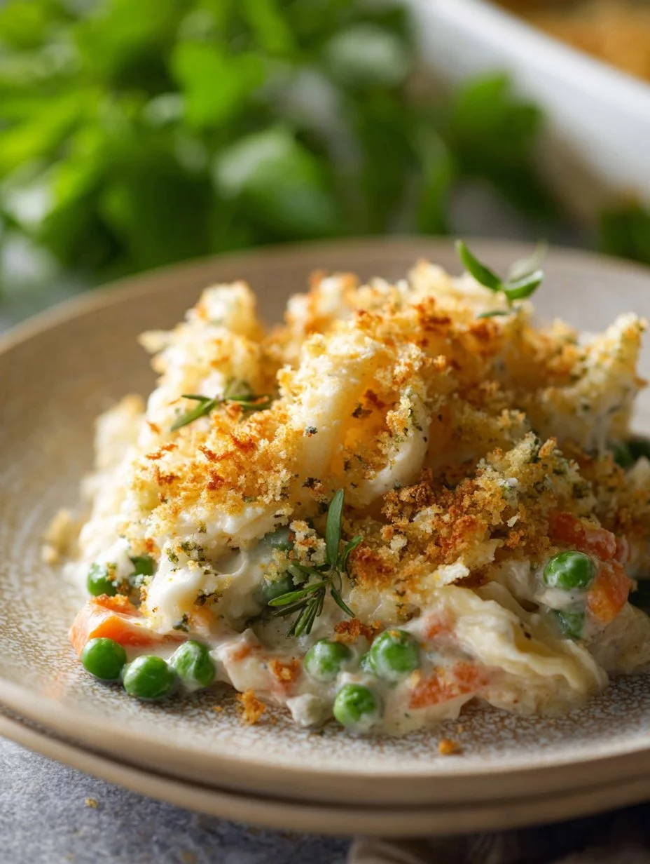 Creamy chicken and rice bake topped with herbs in a baking dish.