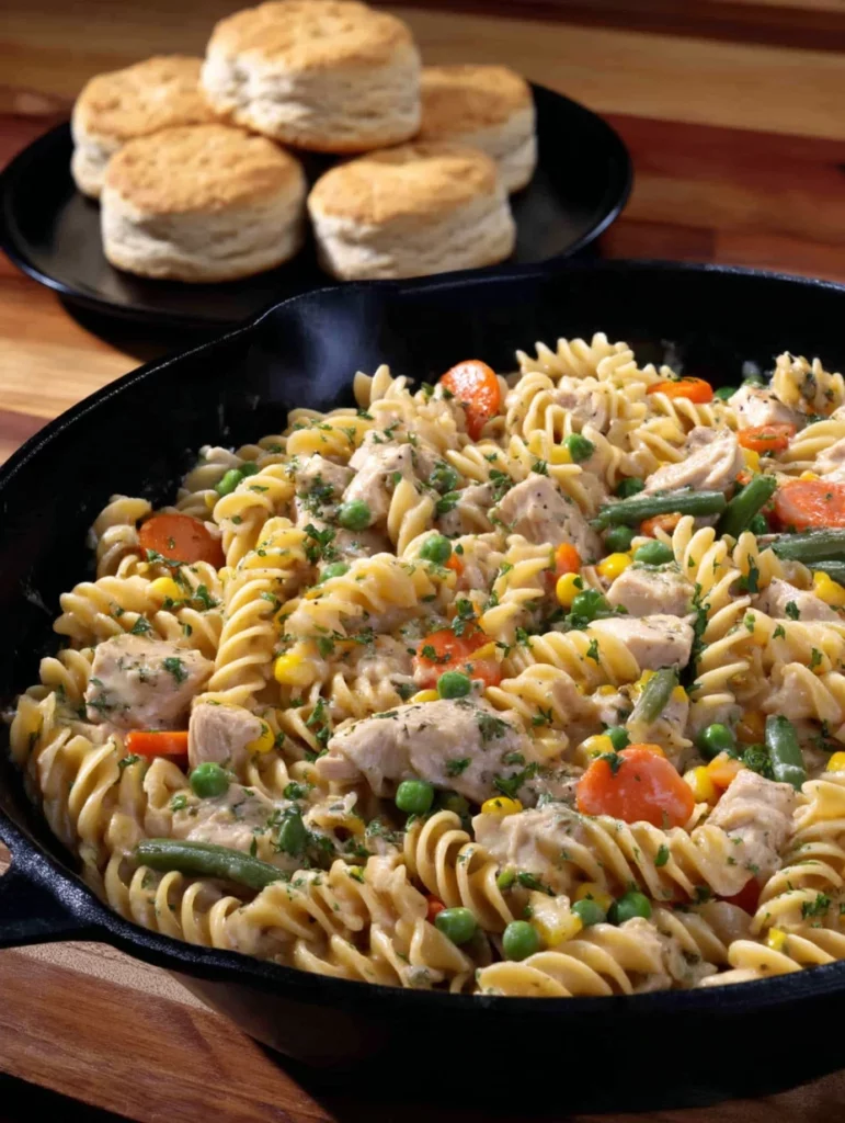 Creamy chicken noodle skillet dish garnished with herbs in a skillet