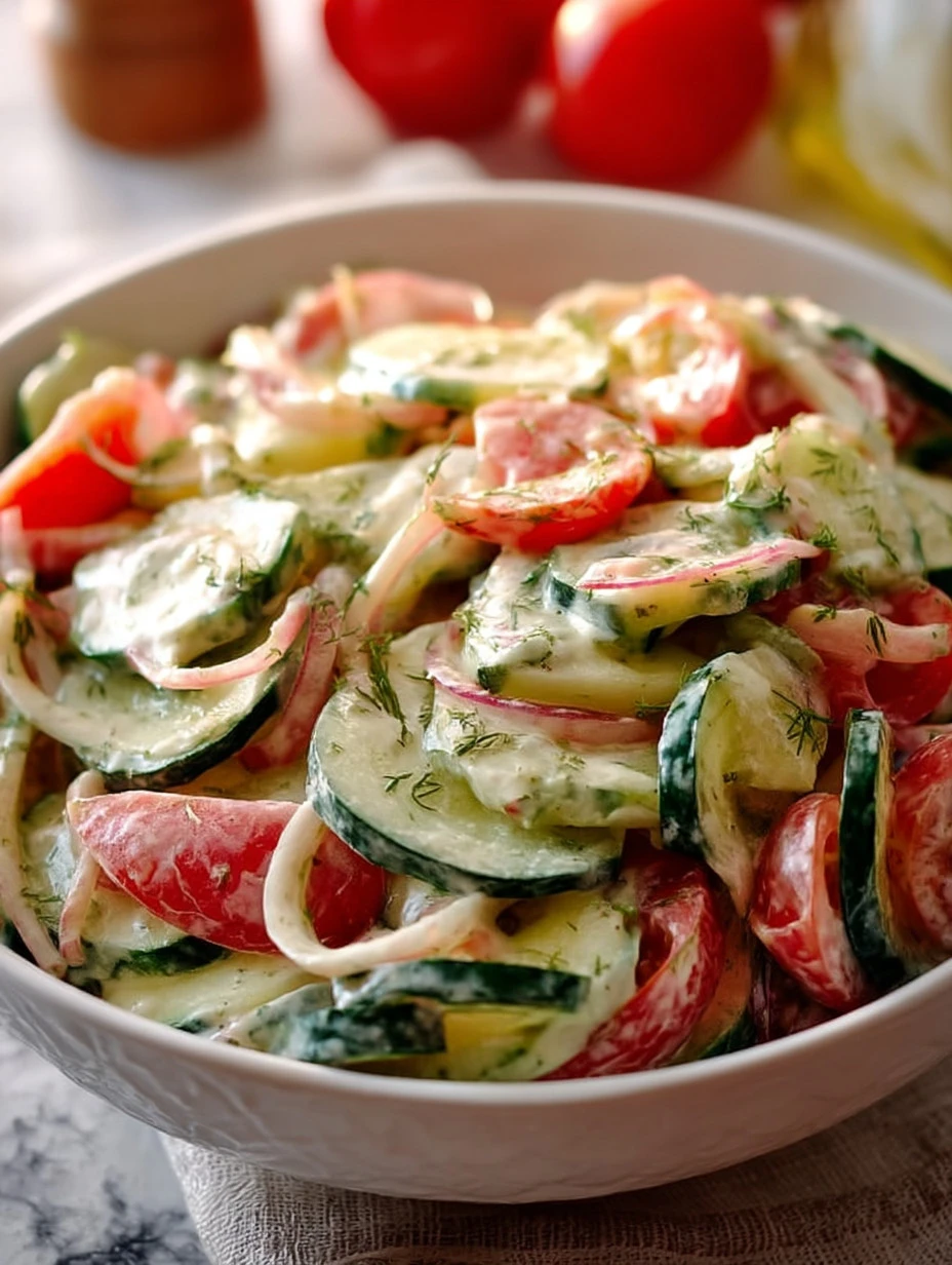 Creamy cucumber tomato salad in a bowl with fresh herbs
