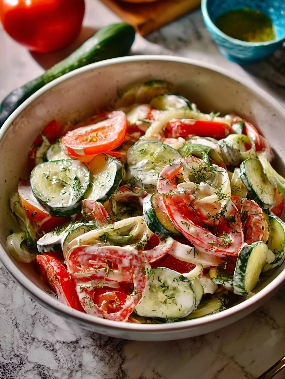 Creamy cucumber tomato salad with fresh ingredients in a bowl