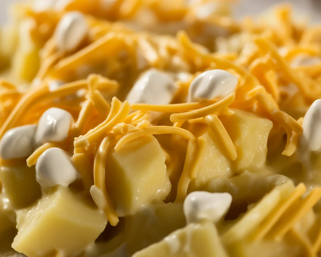 Baked Diced Cheesy Potatoes casserole topped with melted cheese and crispy onions.