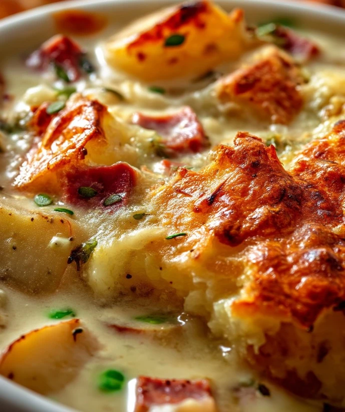 Creamy ham and potato soup in a bowl, garnished with herbs