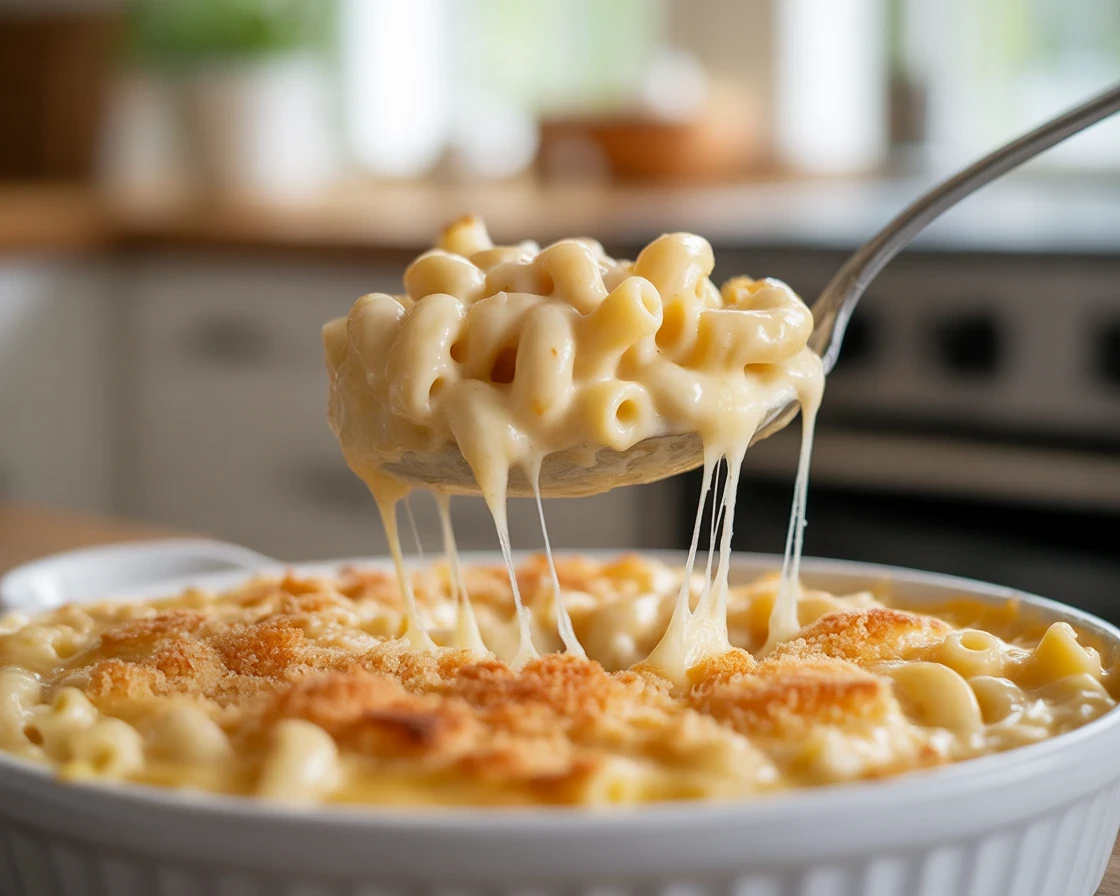 Creamy Million Dollar Macaroni and Cheese Casserole with layers of cheese and flavors.