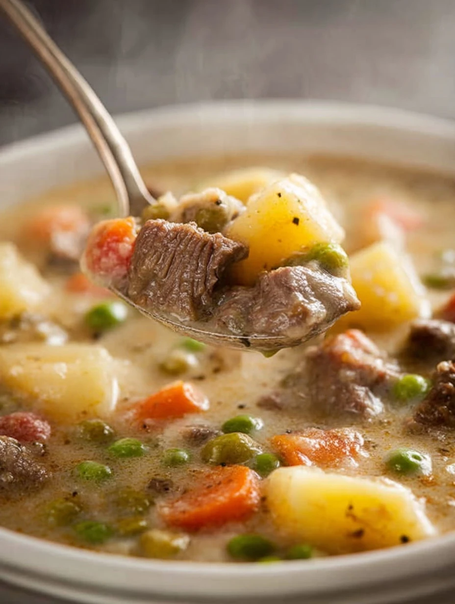 Bowl of creamy potato hamburger soup made in a crockpot