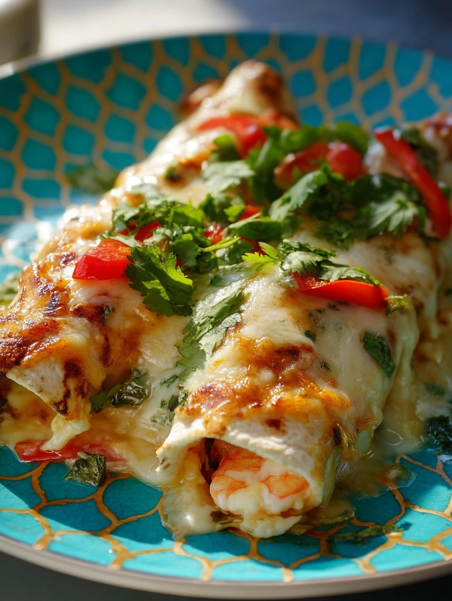 Creamy shrimp enchiladas served with a flavorful sauce and garnished elegantly.