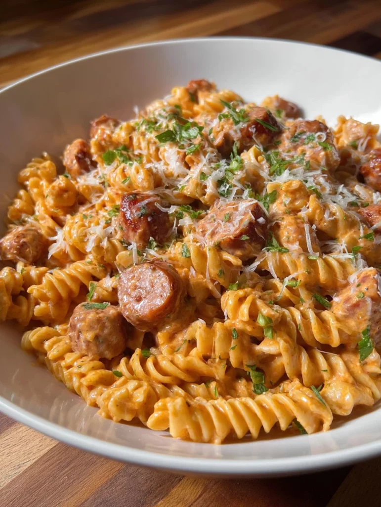 Creamy smoked sausage pasta dish garnished with herbs and served in a bowl.