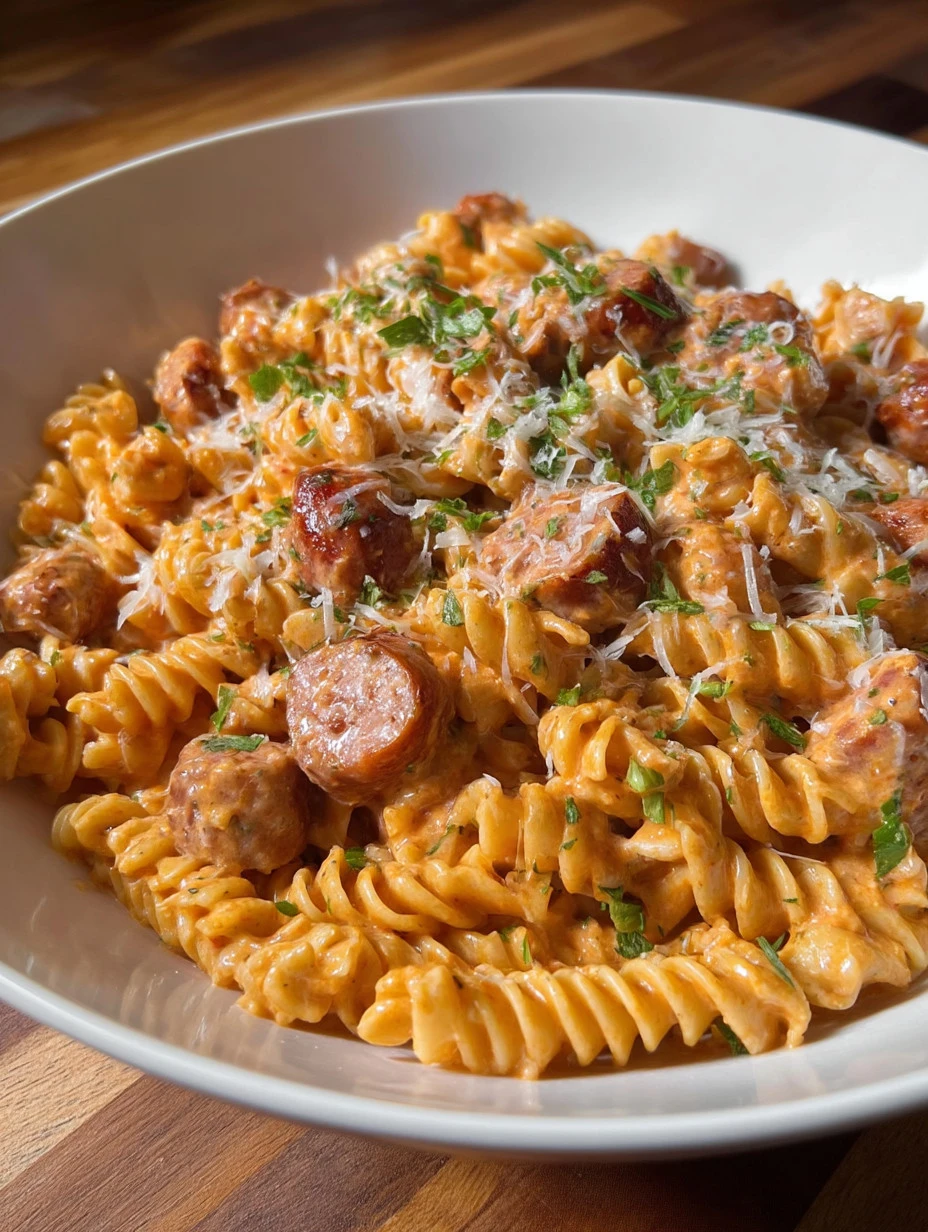 Creamy smoked sausage pasta dish garnished with herbs and served in a bowl.