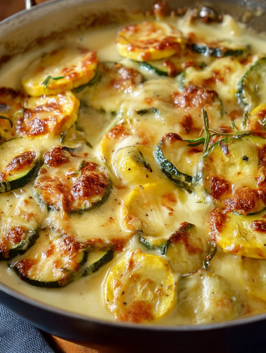 Creamy zucchini and yellow squash skillet dish served in a pan