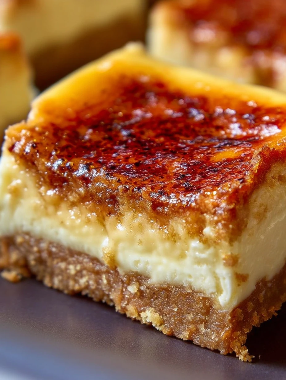 Delicious creme brulee cheesecake bars with a golden caramelized layer on top