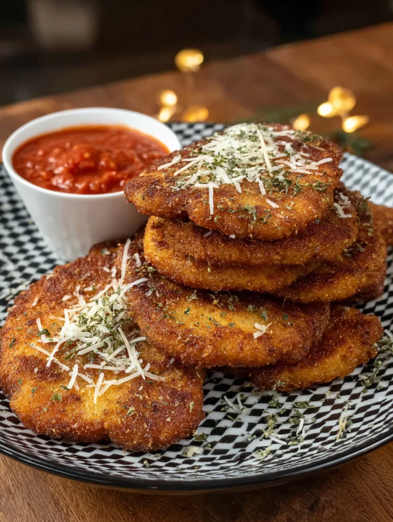 Golden crispy chicken cutlets served on a plate with herbs.