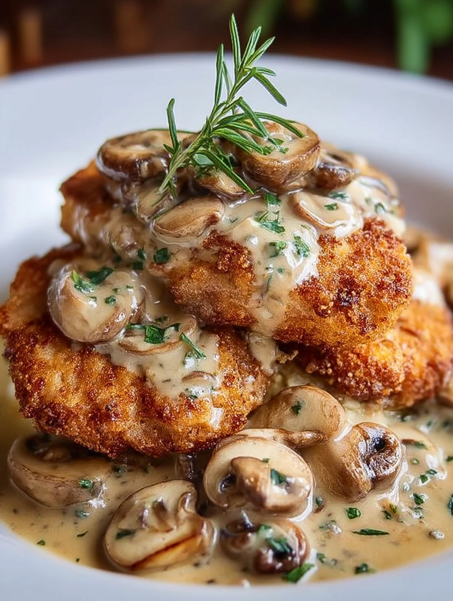 Crispy chicken served with creamy mushroom sauce on a plate