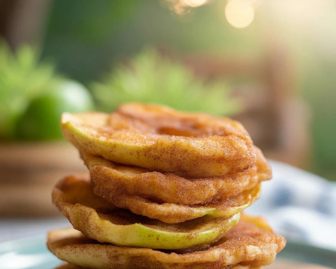 Golden fried apple slices coated in cinnamon sugar and served warm.
