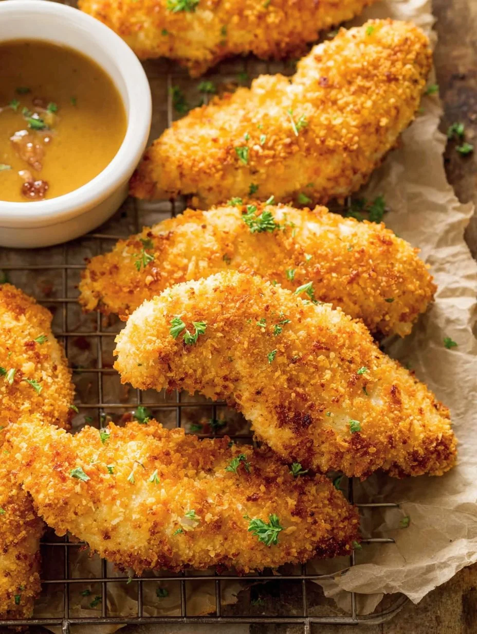 Crispy oven baked chicken tenders served with dipping sauce