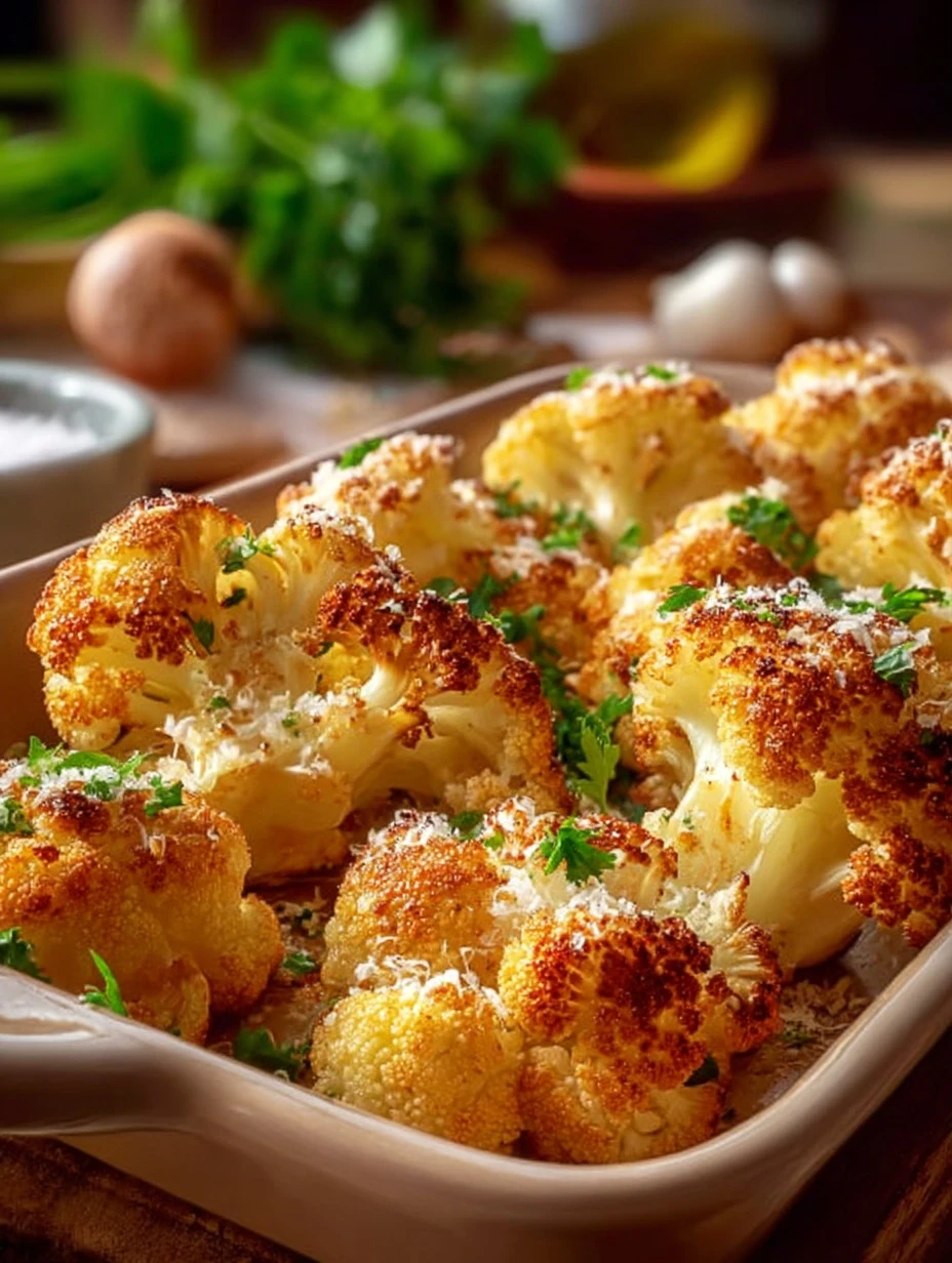 Crispy roasted cauliflower served with creamy herb sauce on a plate