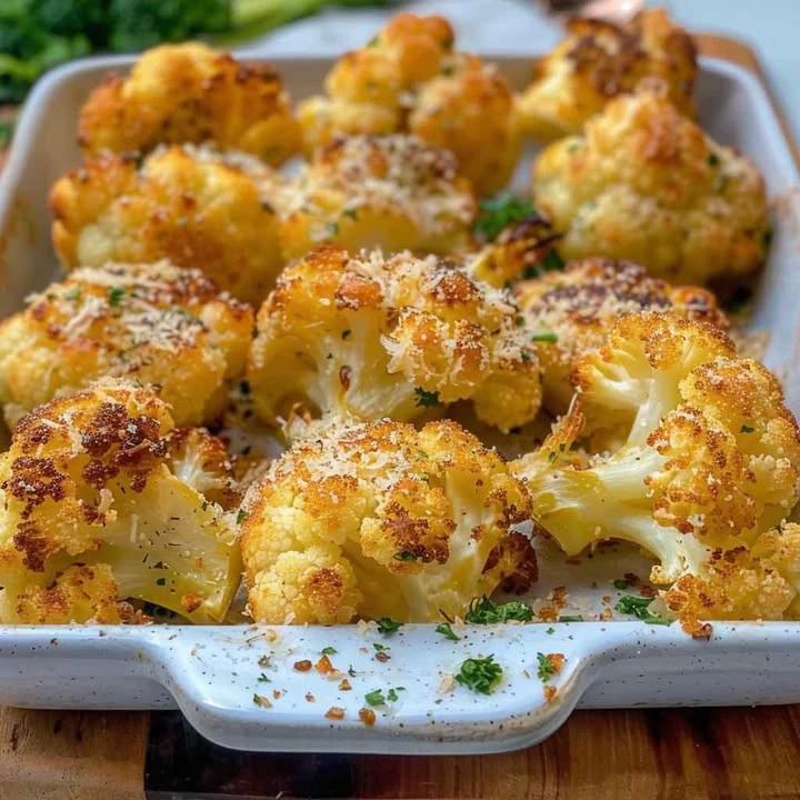 Crispy roasted cauliflower served with a creamy herb sauce on a plate