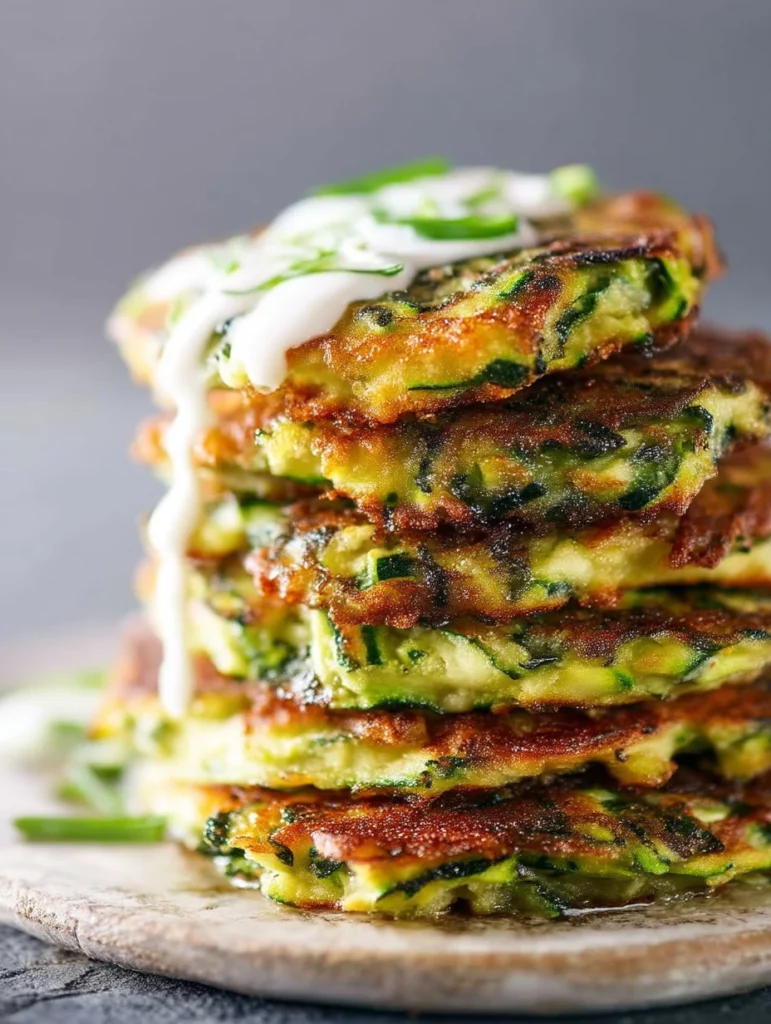 Crispy zucchini fritters served on a plate with a dipping sauce
