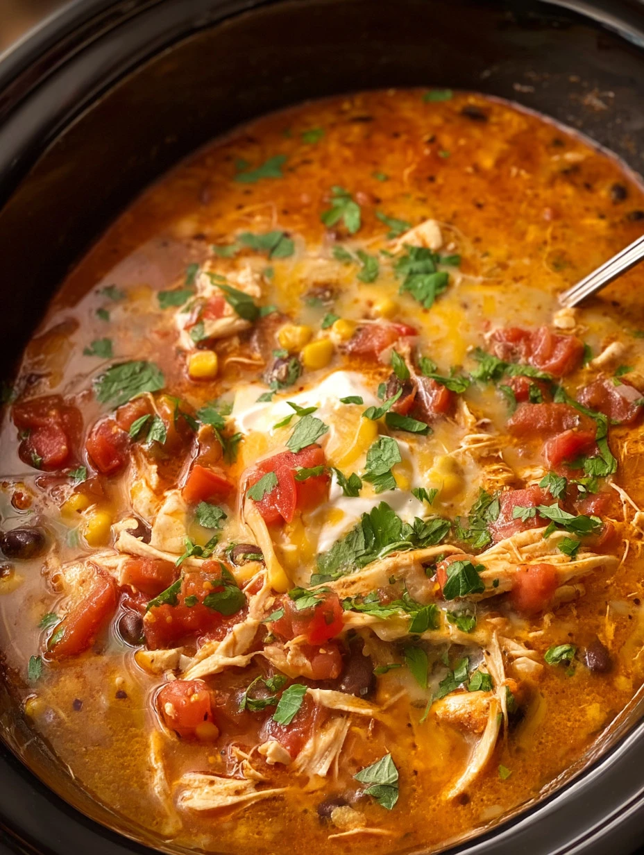 Bowl of savory Crock Pot Chicken Tortilla Soup with tortilla strips and toppings