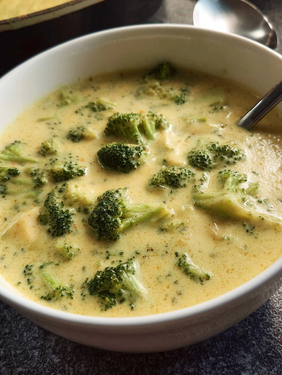 Delicious crockpot broccoli soup served in a bowl with fresh toppings