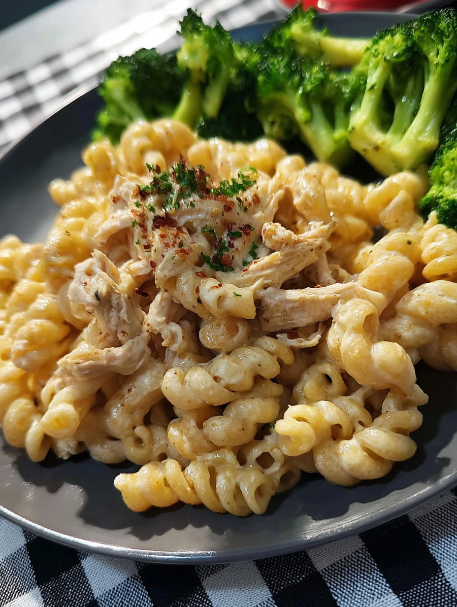 Delicious Crockpot Garlic Parmesan Chicken Pasta served in a bowl