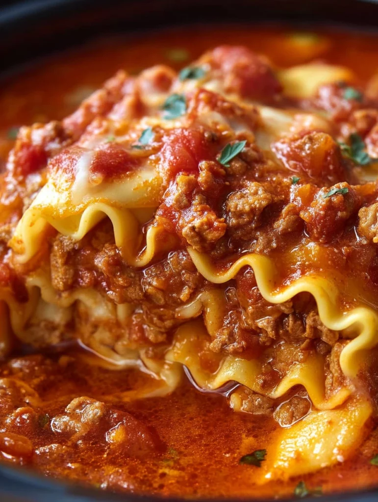 Bowl of delicious Crockpot Lasagna Soup garnished with fresh herbs
