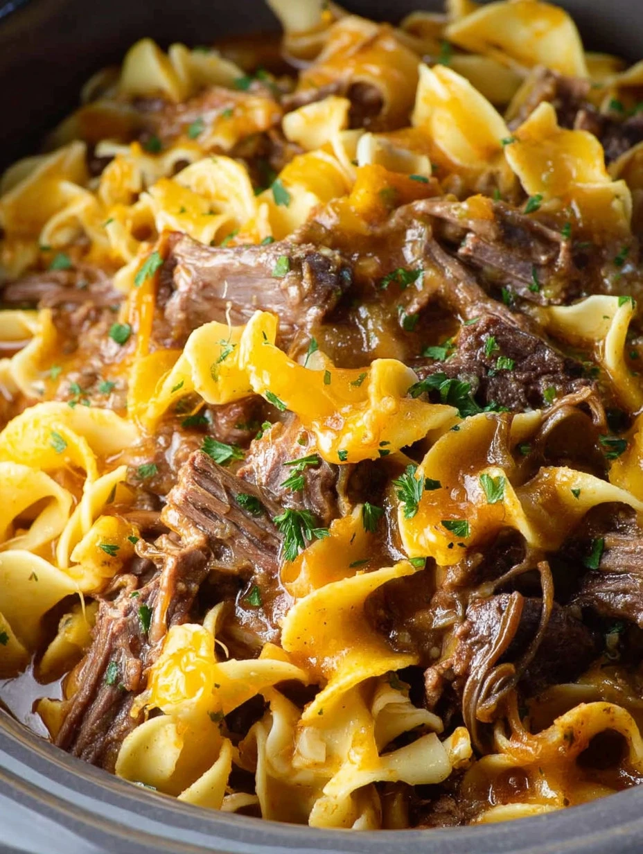 Crockpot Mississippi Beef and Noodles served in a bowl
