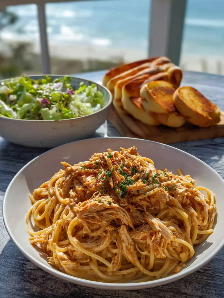 Crockpot Parmesan Garlic Chicken Spaghetti served with fresh herbs