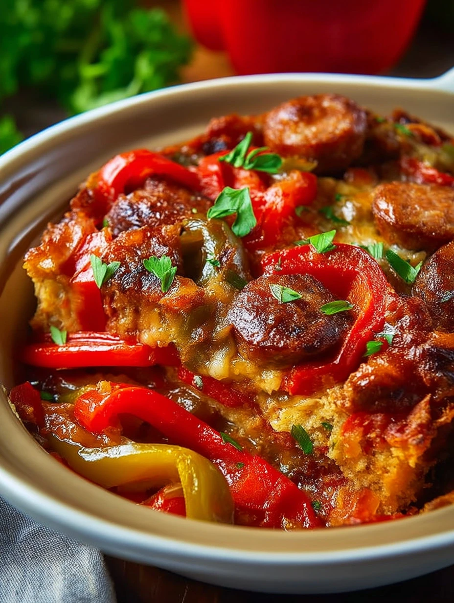 Crockpot Sausage and Peppers dish with colorful bell peppers and sausages