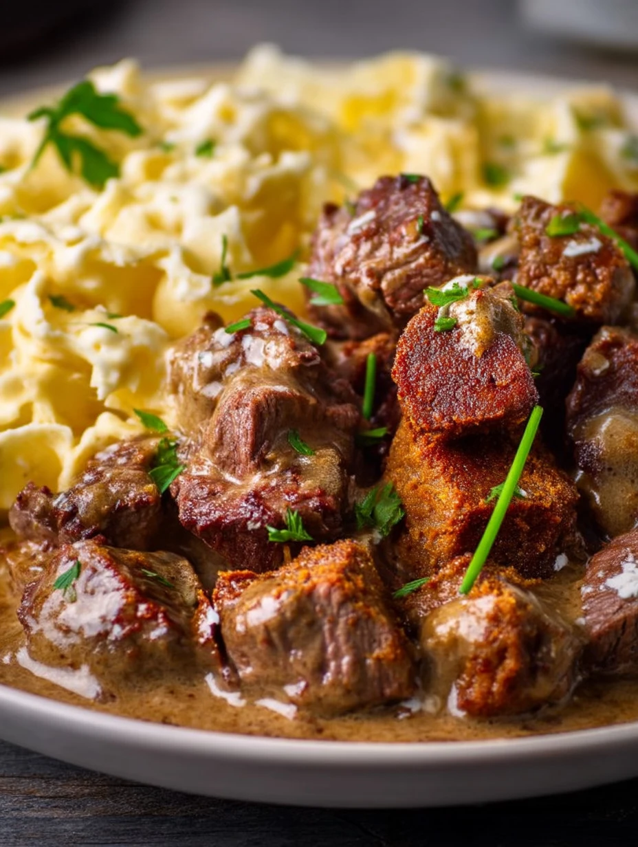 Delicious Crockpot steak bites served on a plate with herbs