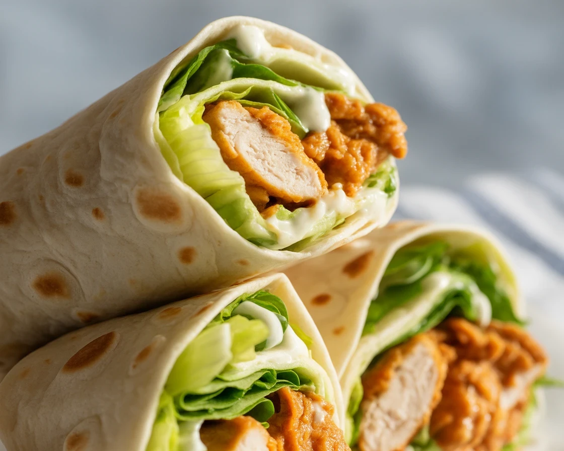 Delicious Chicken Caesar Salad Wrap with chicken, romaine lettuce, and Caesar dressing.