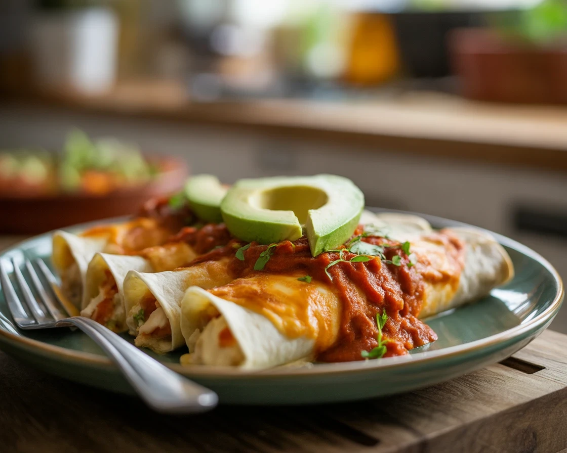 Cream Cheese Chicken Enchiladas with shredded chicken and cheese filling