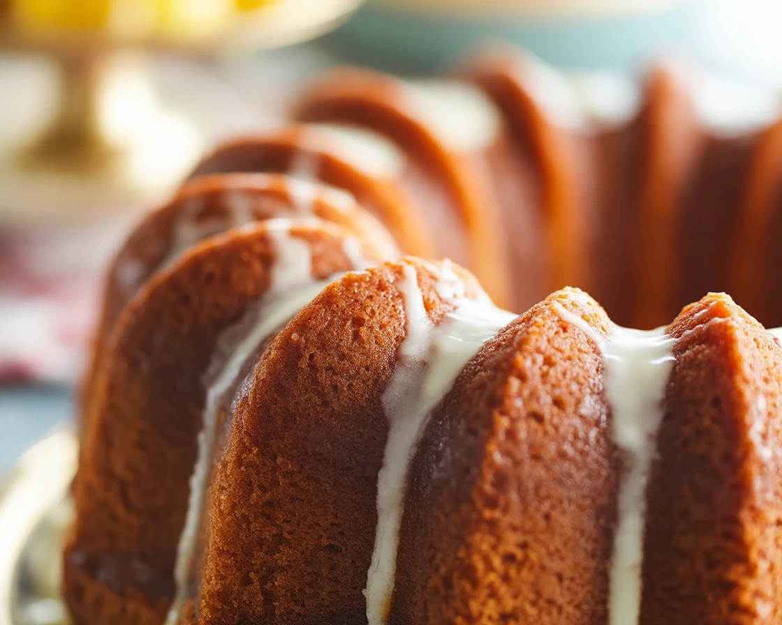 Delicious Kentucky Butter Bundt Cake drizzled with rich butter sauce on a plate.