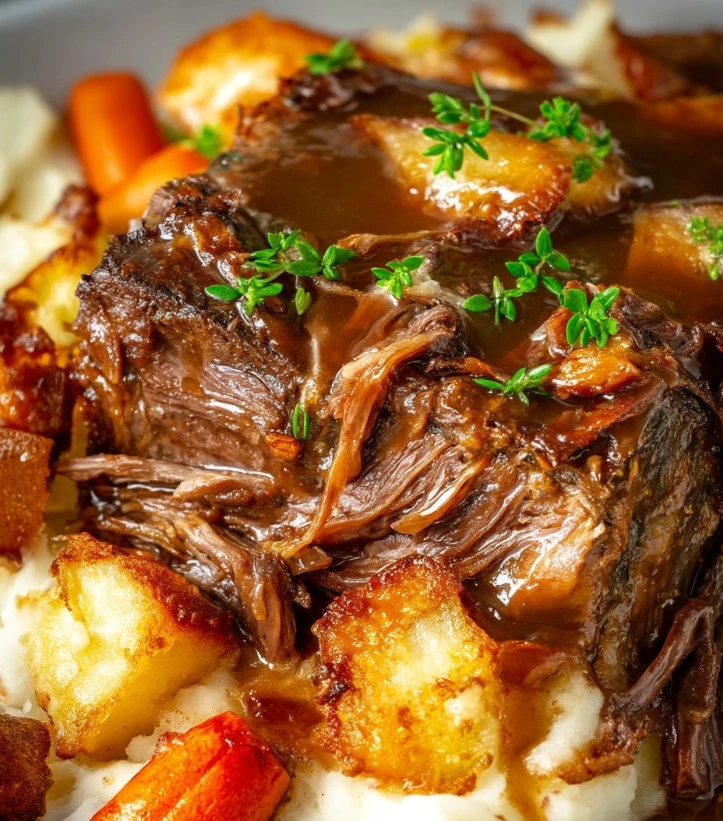 A mouthwatering pot roast served with vegetables and rich gravy.