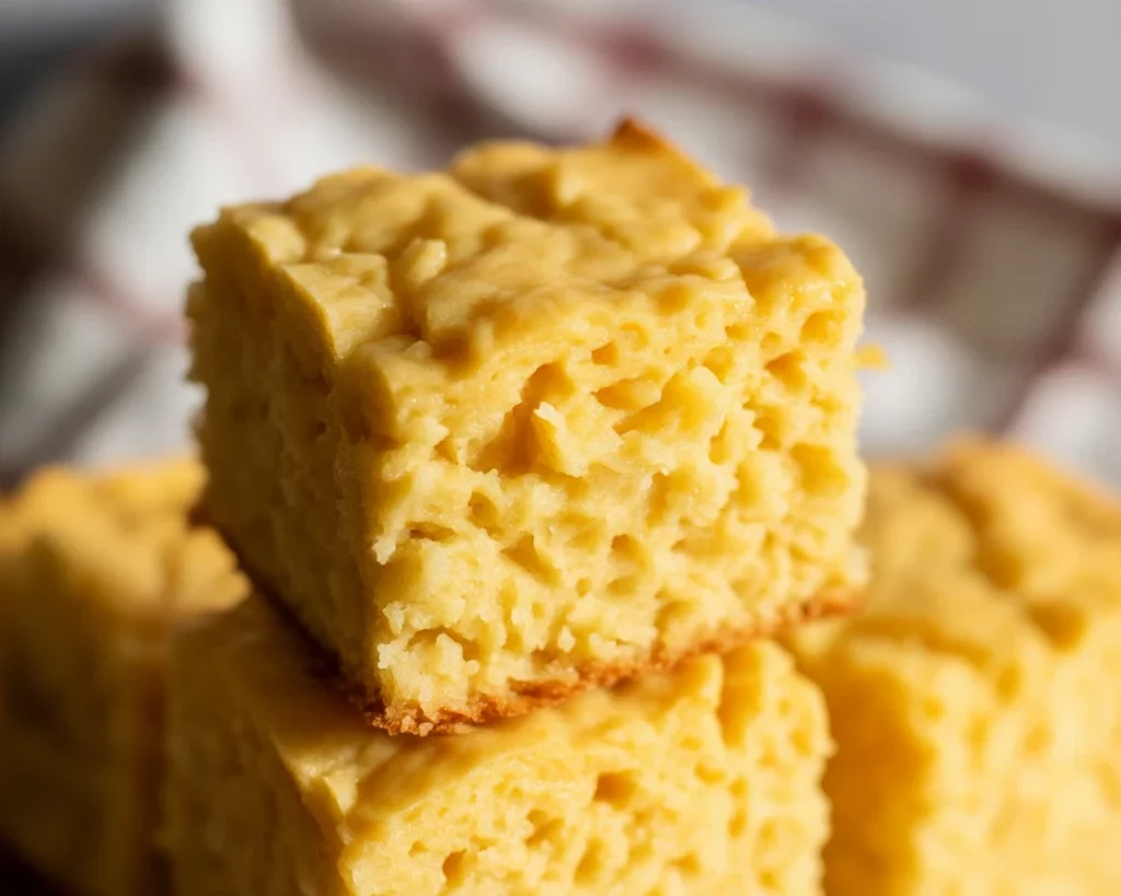 Homemade sweet cornbread, golden brown, fluffy, moist, with crisp edges served in a dish.