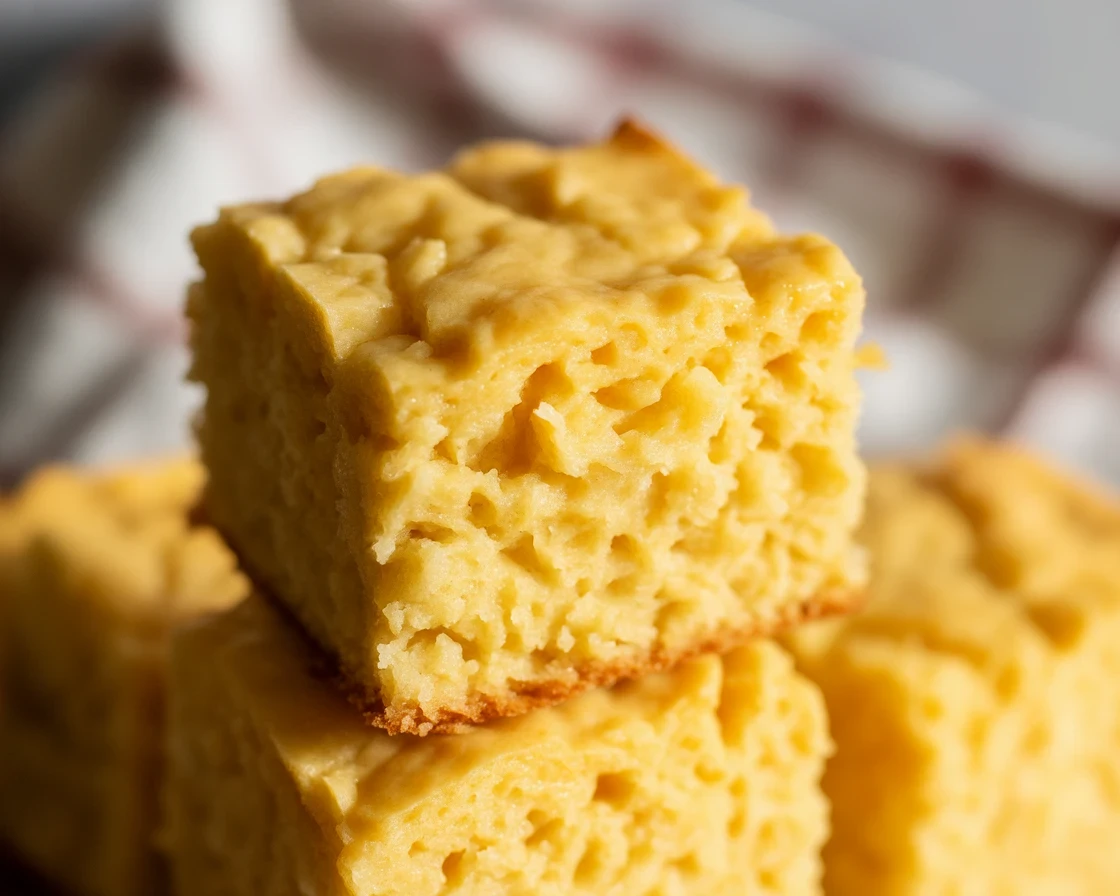 Homemade sweet cornbread, golden brown, fluffy, moist, with crisp edges served in a dish.